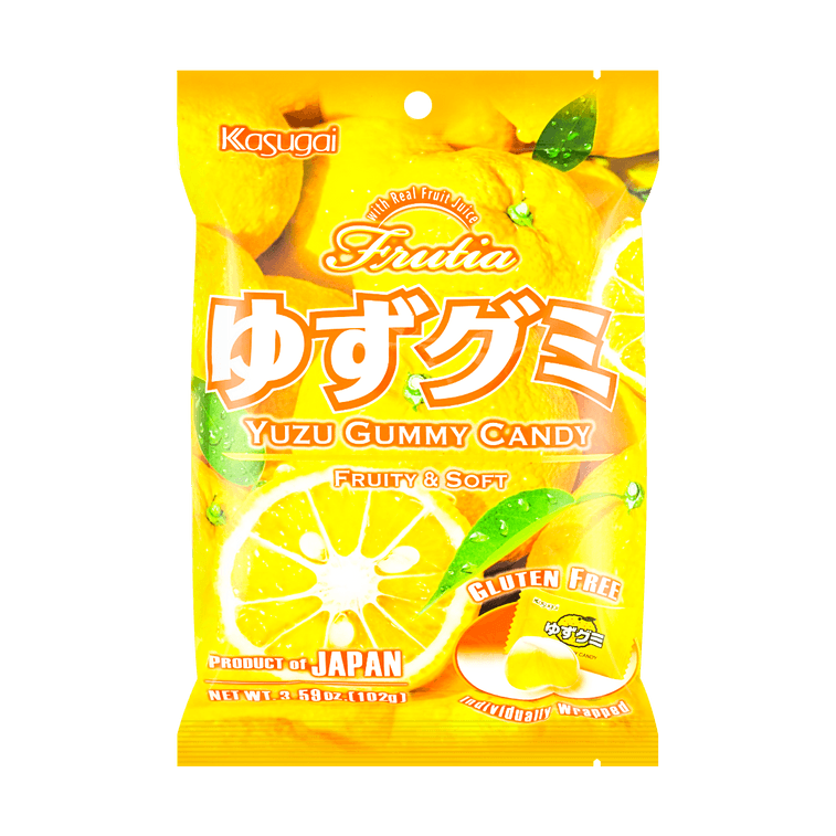 Front-facing view of the KASUGAI Frutia Yuzu Gummy Candy bag, sealed and upright with bright yuzu citrus imagery on a clean white background.