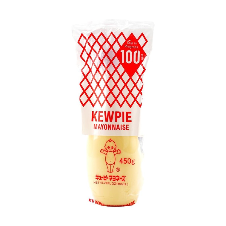 Front-facing image of the KEWPIE Japanese Mayonnaise 450g pouch, shown closed in portrait orientation with the full front label, red lattice design, and graphics clearly visible on a white background.