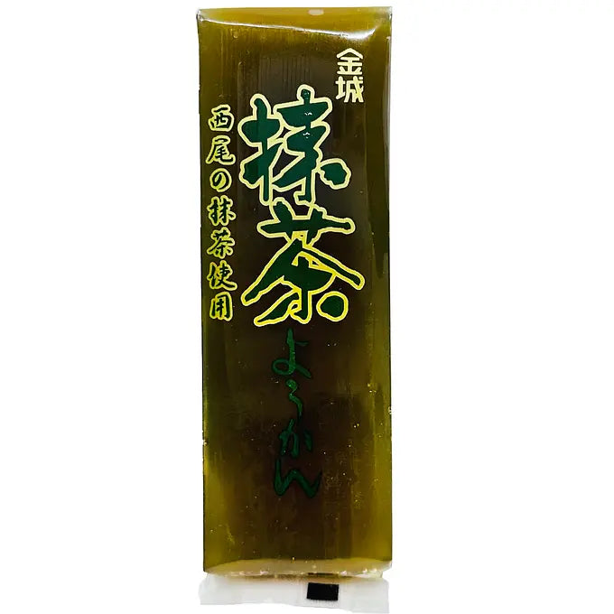 Front-facing image of the KINJO Matcha Yokan Sweet Bean Paste Jelly 130g package, shown as a closed portrait bag with full front label and matcha-themed graphics visible against a white background.