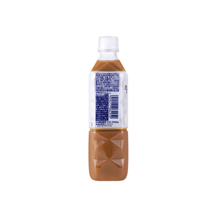 Back view of the KIRIN Gogo No Kocha Milk Tea 500ml bottle, displaying ingredient details, nutritional text, and labeling on the unopened bottle over a white background.