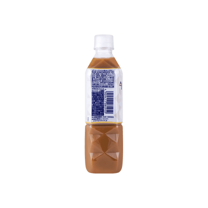 Back view of the KIRIN Gogo No Kocha Milk Tea 500ml bottle, displaying ingredient details, nutritional text, and labeling on the unopened bottle over a white background.