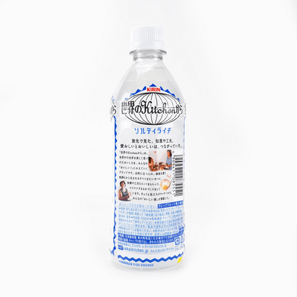 Back-facing view of the KIRIN Okinawan Salty Lychee Drink 16.9 fl oz bottle, displayed vertically on a white background with the complete back label and product information shown.