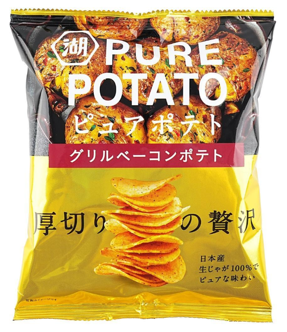 Front-facing portrait of the unopened KOIKEYA Pure Potato Grilled Bacon chips bag, featuring gold and black packaging on a clean white background.