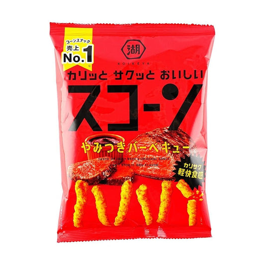 Front-facing view of the Koikeya Scorn Addictive BBQ corn snack 73g bag, shown upright on a white background with the full packaging design clearly visible.