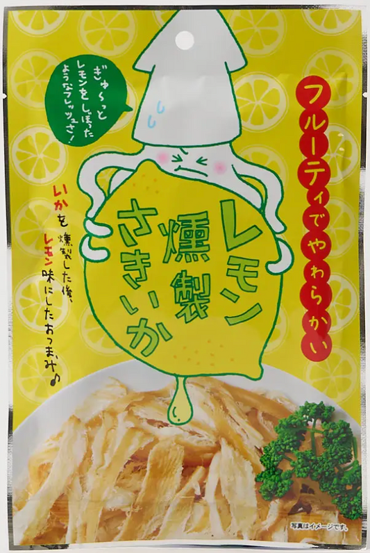 Front-facing view of KOJIMA Smoked Squid Lemon Flavor in its sealed bag, shown in portrait orientation on a white background.