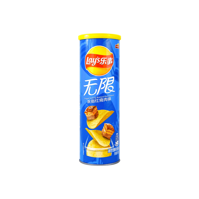 Front view of the LAYS Finger Licking Braised Pork potato chips 3.17 oz can, shown closed with full graphics visible against a clean white background.