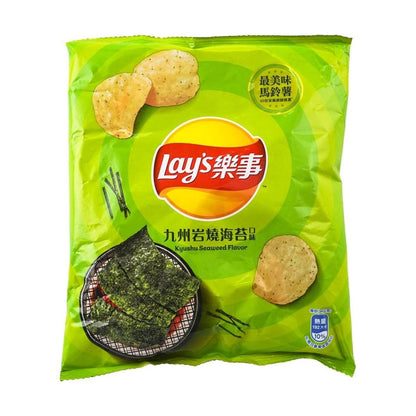 Front view of the LAYS Kyushu Seaweed potato chips 34g bag, showing the full packaging design with seaweed-themed graphics on a clean white background.
