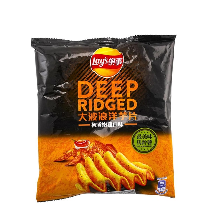Front view of the LAYS Pepper Chicken Deep Ridged Potato Chips 1.07 oz bag, showing the sealed packaging with pepper chicken-themed graphics and deep-ridge chip imagery against a clean white background.