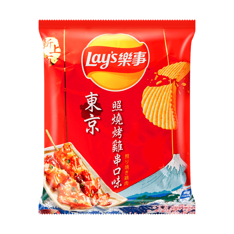 Front view of the LAYS Potato Chips Tokyo Yakitori Flavor 34g bag, showing the sealed packaging with yakitori-inspired graphics and bold seasoning imagery against a clean white background.