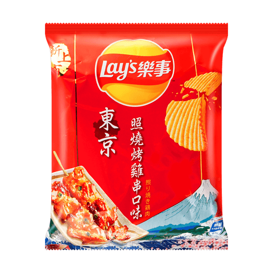 Front view of the LAYS Potato Chips Tokyo Yakitori Flavor 34g bag, showing the sealed packaging with yakitori-inspired graphics and bold seasoning imagery against a clean white background.