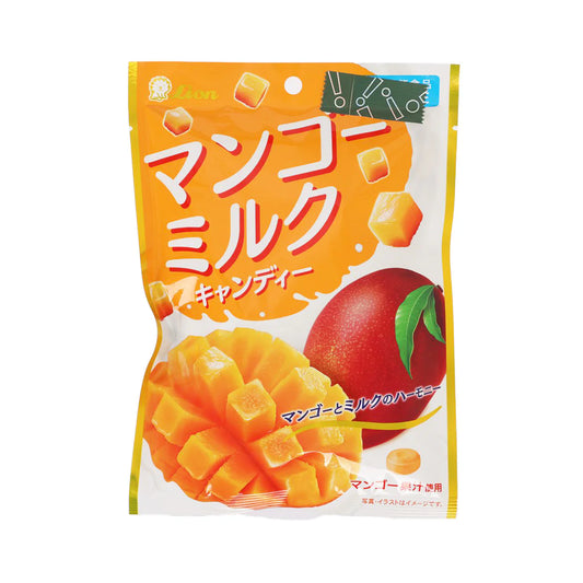 Portrait image of the LION Mango Milk Juice Hard Candy 59g pack, shown unopened on a white background with bright mango graphics and creamy milk-themed design elements on the front.