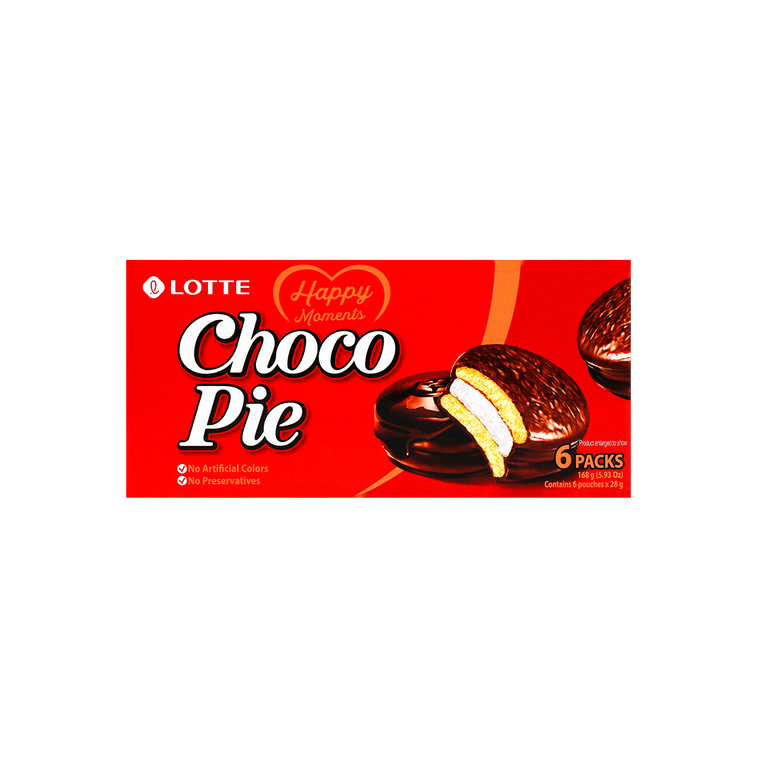 A front-facing landscape shot of the Lotte Choco Pie cream-filled chocolate-covered cake sandwich box, shown closed with full front graphics displayed against a clean white background without reflections.