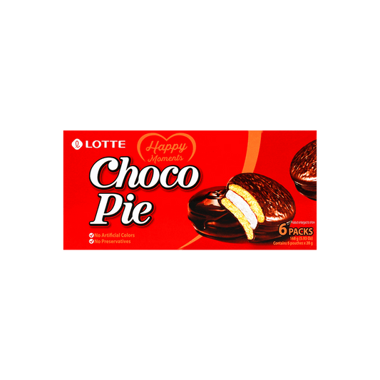 A front-facing landscape shot of the Lotte Choco Pie cream-filled chocolate-covered cake sandwich box, shown closed with full front graphics displayed against a clean white background without reflections.