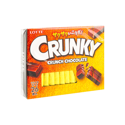A front-facing square view of the 3.45 oz LOTTE Crunky Chocolate bar box, shown flat and fully closed on a white background, clearly displaying the full front graphics and branding without reflections.
