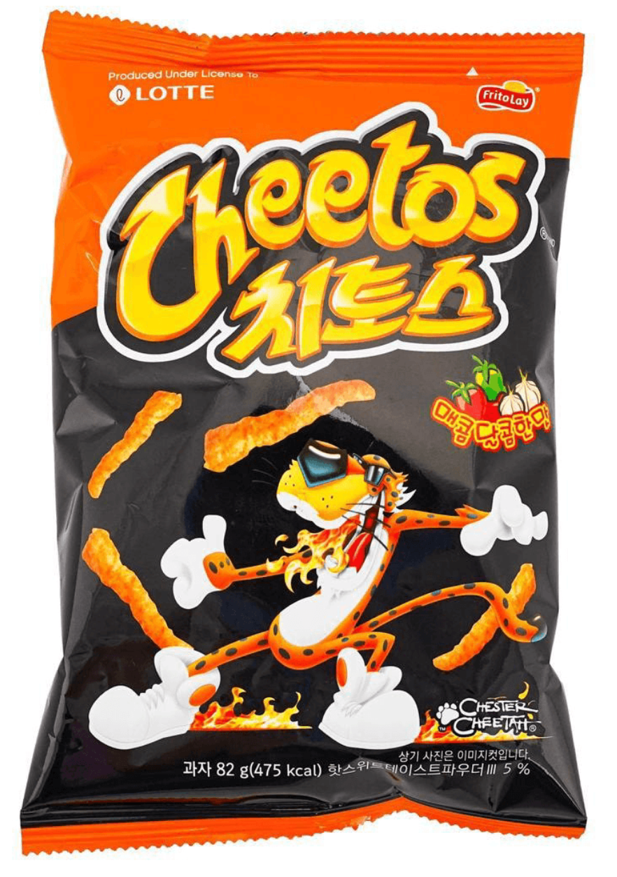 Front-facing image of the LOTTE Fritolay Cheetos Sweet & Spicy Flavor 82g bag, shown sealed and upright on a clean white background.