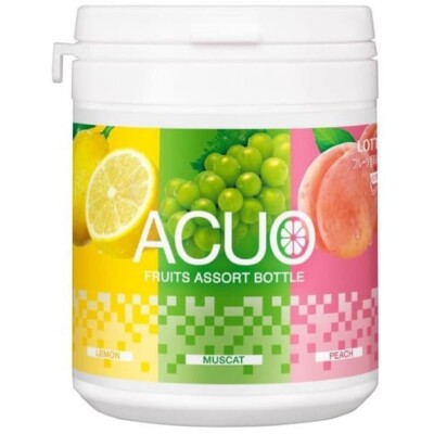 Front-facing view of the LOTTE ACUO Fruit Assorted Sugar-Free Gum bottle, shown sealed and upright in a portrait orientation on a white background.