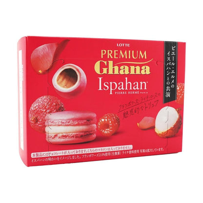 A front-facing landscape view of the LOTTE Ghana Ispahan Chocolate Lychee Rose Sandwich 65g box, shown flat and fully closed on a clean white background, with the complete front graphics and design visible without reflections.