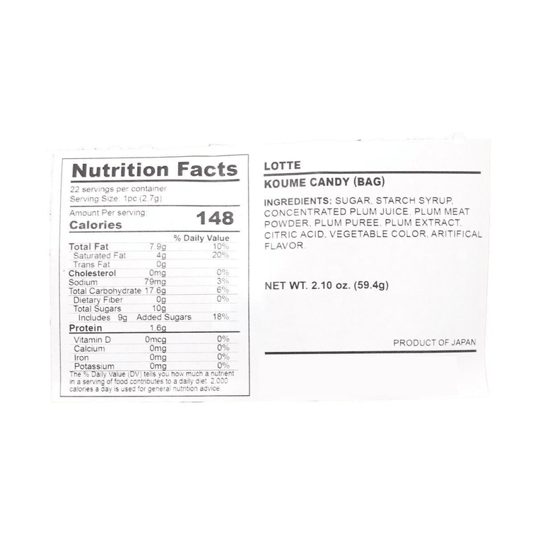 Clear close-up image of the LOTTE Koume Candy 60g nutrition label, shown straight-on and isolated against a white background.