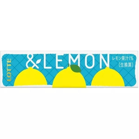 A full front-facing landscape image of the LOTTE Lemon Chewing Gum box, closed and lying flat, showing the entire front design clearly against a clean white background.