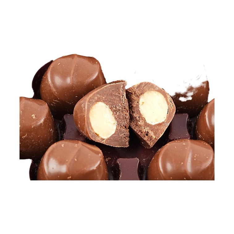 A close-up image highlighting the rich milk chocolate coating and whole macadamia nut inside, showcasing the texture and premium quality of the LOTTE Macadamia Chocolate.