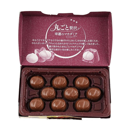 The LOTTE Japan Macadamia Chocolate 9 pieces shown outside the packaging, displaying the individual chocolates and their shape.