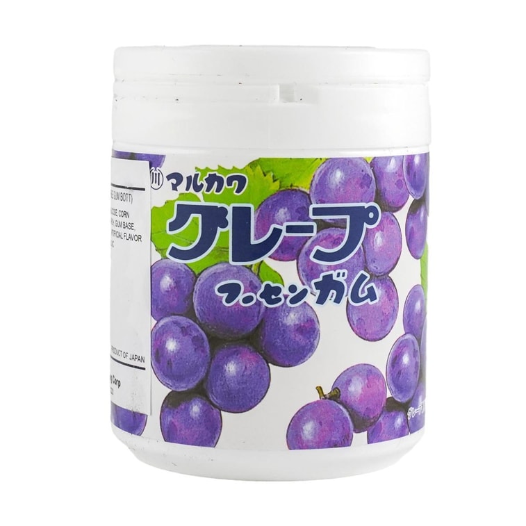 Front-facing landscape image of the MARUKAWA Grape Marble Gum Bottle 4.58 oz, shown closed with full front graphics and grape-themed design clearly visible against a clean white background.