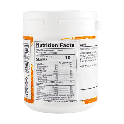 A straight-on close-up of the nutrition label from the MARUKAWA Orange Marble Gum Bottle, shown clearly against a white background for easy readability.