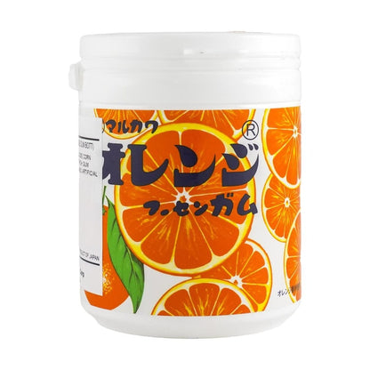 A full front-facing landscape view of the MARUKAWA Orange Marble Gum Bottle, closed and lying flat, with the complete front graphics clearly visible against a clean white background.