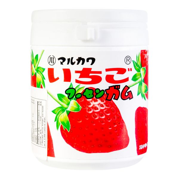 A front-facing portrait image of the Marukawa Strawberry Flavor Marble Bottle Gum 130g, showing the closed plastic bottle standing against a white background.
