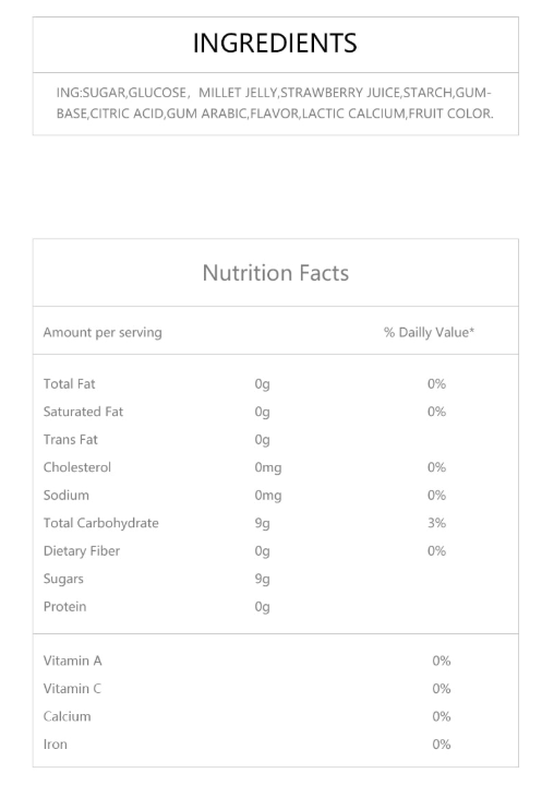 A clear close-up image of the nutrition label from the Marukawa Strawberry Flavor Marble Bottle Gum bottle, showing detailed product information.