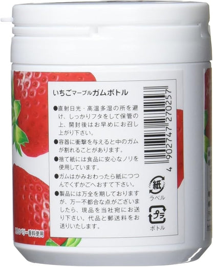 A side-facing portrait image of the Marukawa Strawberry Flavor Marble Bottle Gum 130g bottle, sealed and displayed on a clean white backdrop.