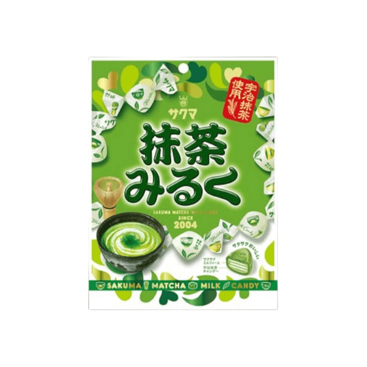 Front-facing portrait image of the Matcha Milk Flavored Soft Candy 58g pouch, shown closed with full front graphics featuring matcha and milk imagery, clearly displayed against a clean white background.