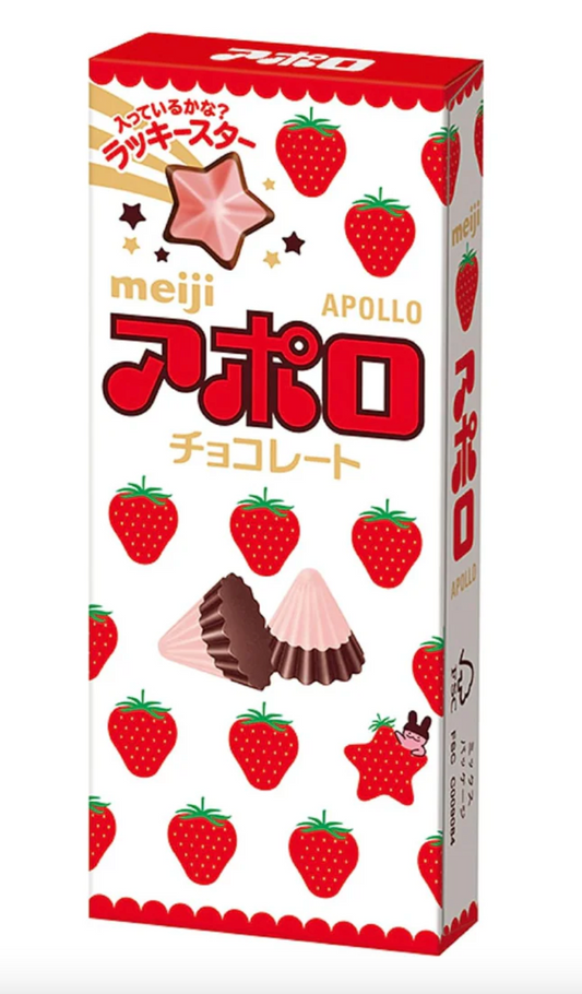 Front-facing image of MEIJI Apollo Chocolate 46g, showing the closed portrait box with full graphics and strawberry-themed design against a clean white background.