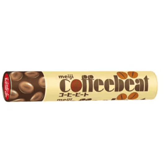 Front-facing landscape image of the MEIJI Coffee Sugar-Coated Chocolate Beans bag, fully sealed, with the product design clearly visible against a clean white background.