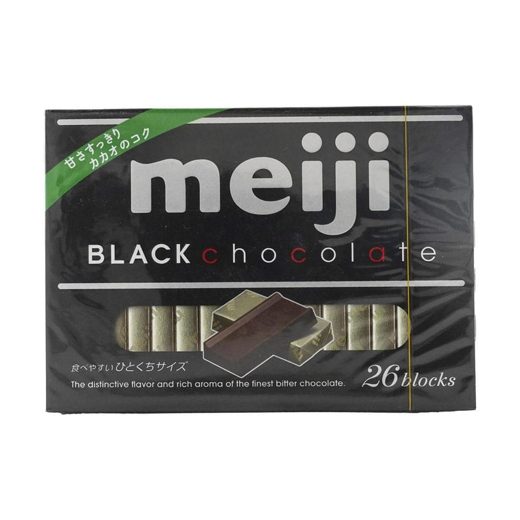 Front view of the MEIJI Dark Black Chocolate 120g box, shown closed in a landscape orientation on a white background with bold dark chocolate branding and block imagery.