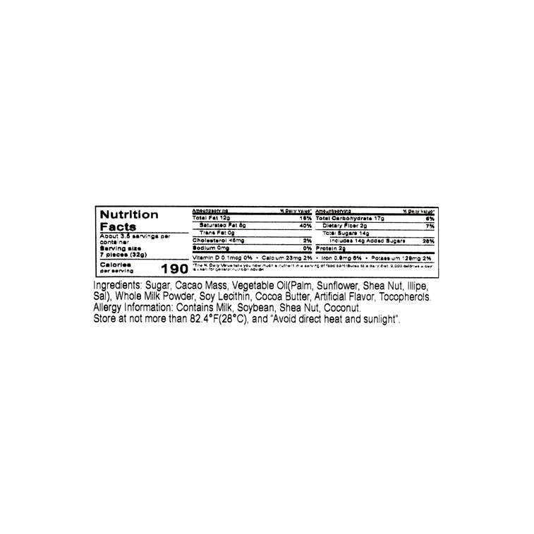 Close-up image of the nutrition label on the MEIJI Dark Black Chocolate 120g box, clearly showing the full nutritional information and ingredient list against a white background.