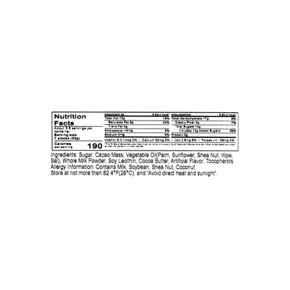 Close-up image of the nutrition label on the MEIJI Dark Black Chocolate 120g box, clearly showing the full nutritional information and ingredient list against a white background.