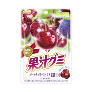 Front-facing image of the Meiji Fruit Juice Gummy Dark Cherry Mix 1.90 oz pouch, shown upright in portrait orientation on a white background with the full front design and graphics clearly visible.