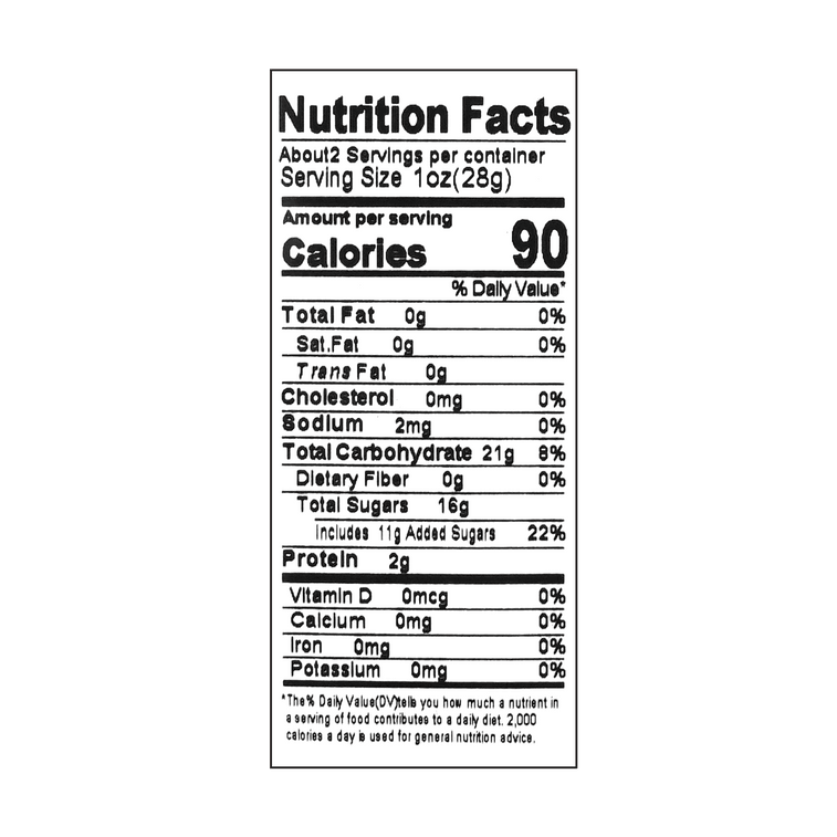 Close-up, straight-on view of the nutrition label from the Meiji Fruit Juice Gummy Dark Cherry Mix 1.90 oz pouch, clearly readable on a white background.