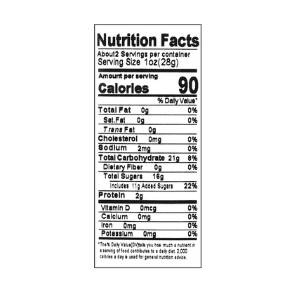 Close-up, straight-on view of the nutrition label from the Meiji Fruit Juice Gummy Dark Cherry Mix 1.90 oz pouch, clearly readable on a white background.