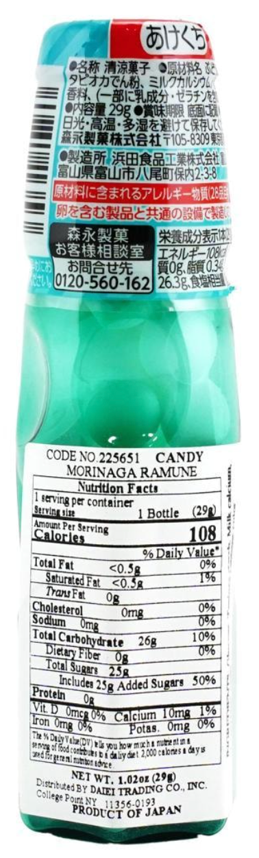 Close-up, straight-on view of the nutrition label from the Meiji Fruit Juice Gummy Dark Cherry Mix 1.90 oz pouch, clearly readable on a white background.