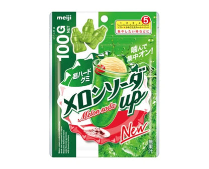 Front-facing image of the Meiji Melon Soda Up Hard Gummy 100g pouch, shown in portrait orientation with the full front design and graphics visible against a clean white background.