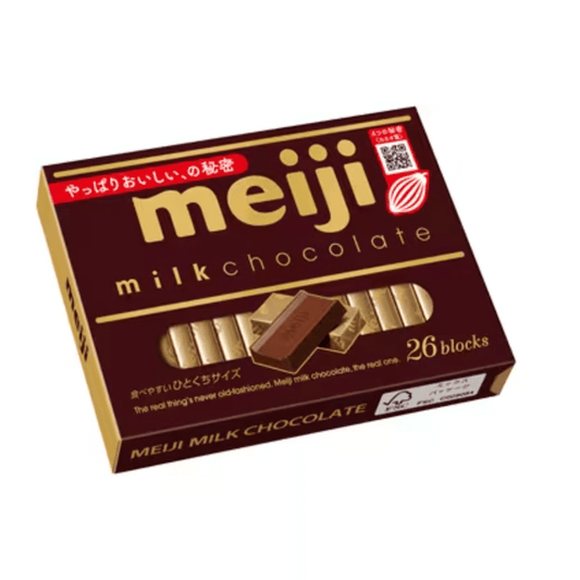 Front view of the MEIJI Milk Chocolate 26 Pieces box, shown closed in a landscape orientation against a white background with the classic milk chocolate branding visible.