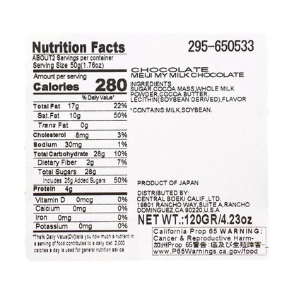 Close-up image of the nutrition label on the MEIJI Milk Chocolate 26 Pieces 120g box, showing the full nutritional panel clearly against a white background.
