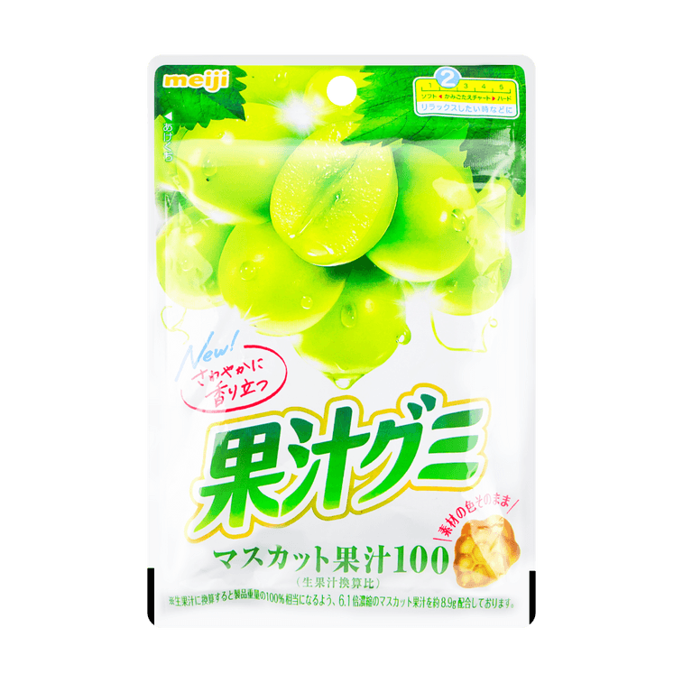 Front-facing view of the Meiji Shine Muscat Jelly Gummy Candy pouch, closed and standing upright on a white background, showing the bright green muscat grape packaging in a 1.91oz size.