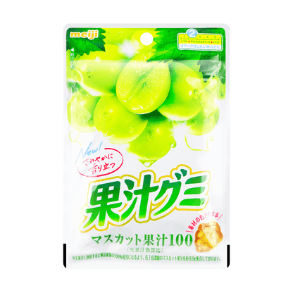Front-facing view of the Meiji Shine Muscat Jelly Gummy Candy pouch, closed and standing upright on a white background, showing the bright green muscat grape packaging in a 1.91oz size.