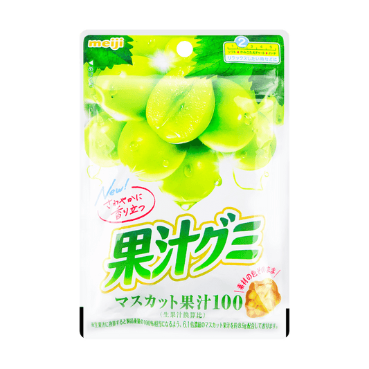 Front-facing view of the Meiji Shine Muscat Jelly Gummy Candy pouch, closed and standing upright on a white background, showing the bright green muscat grape packaging in a 1.91oz size.