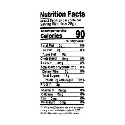 Close-up image of the nutrition label from the Meiji Shine Muscat Jelly Gummy Candy pouch, clearly showing the full nutritional facts and ingredient panel.