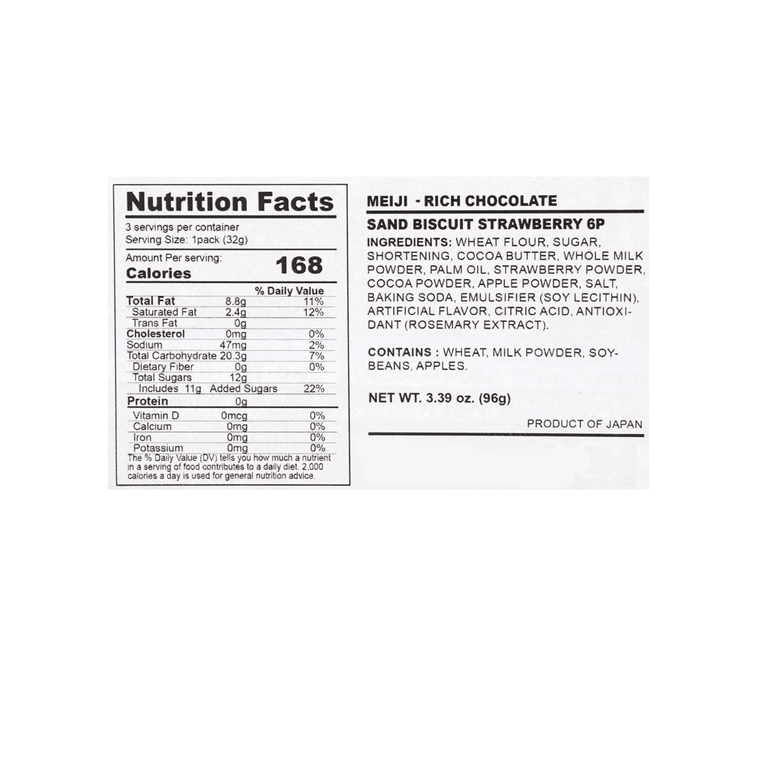 Close-up image of the MEIJI Rich Strawberry Chocolate Sandwich Cookies nutrition label, shown straight on with clear text against a white background.