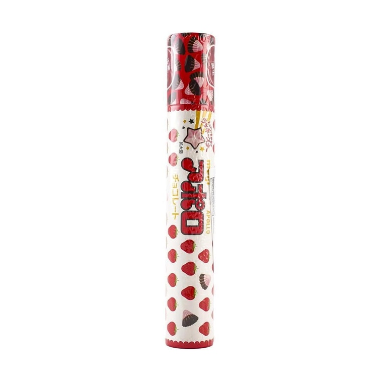 Front view of the MEIJI Strawberry Chocolate Tubes 83g package, shown sealed in a vertical tube shape against a white background with strawberry-themed graphics and branding.